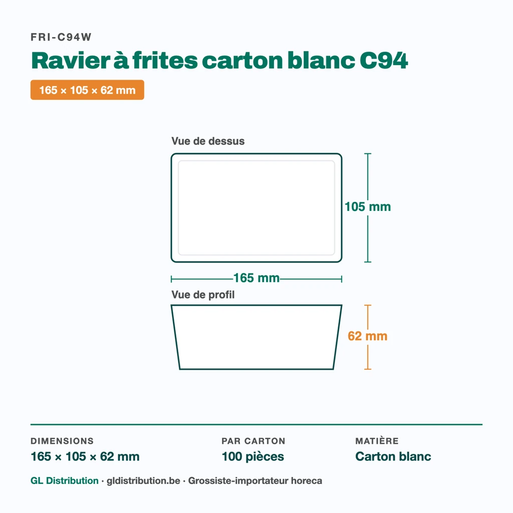 Dimensions du ravier à frites carton C94 : 165 × 105 × 62 mm — 100 pièces par carton