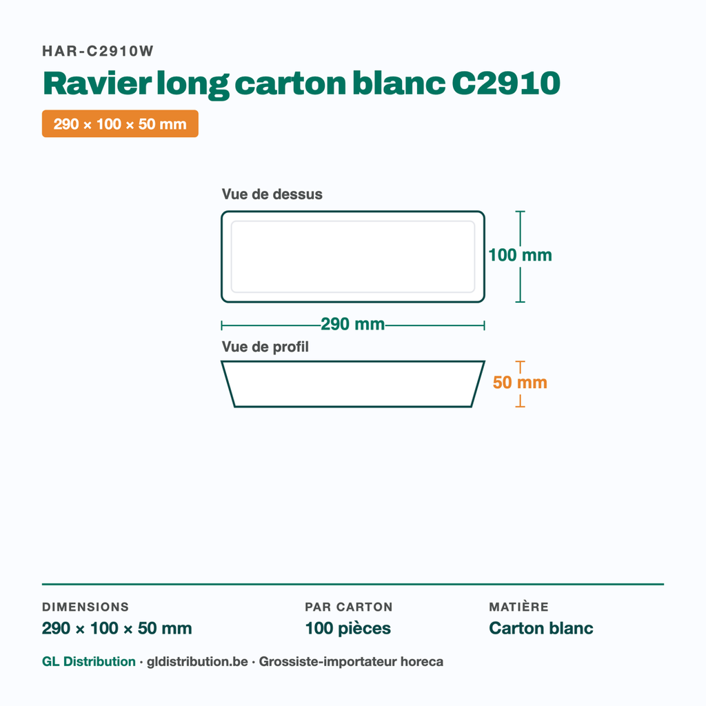 Dimensions du ravier long carton C2910 : 290 × 100 × 50 mm — 100 pièces