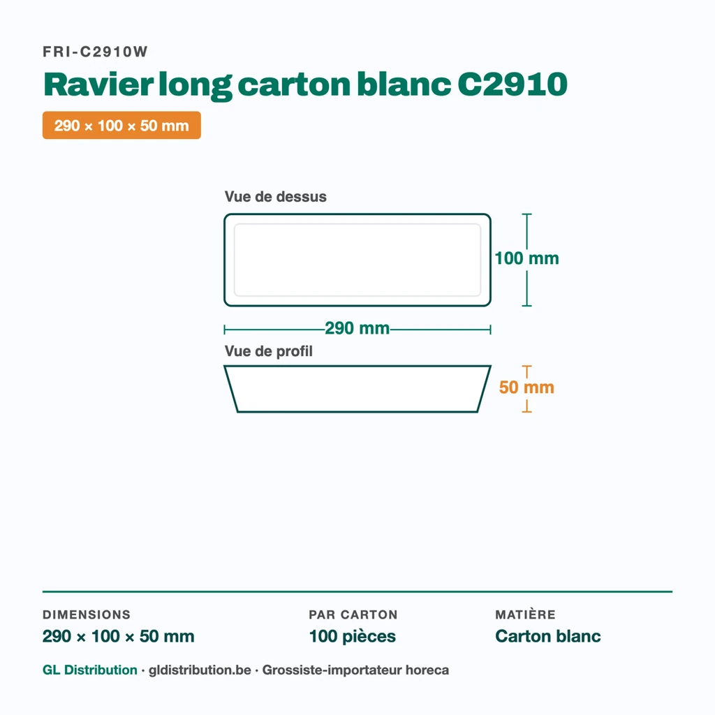Dimensions du ravier long carton C2910 : 290 × 100 × 50 mm — 100 pièces