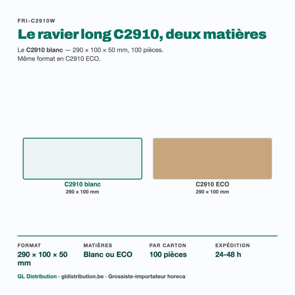 Ravier long C2910 en carton blanc face à la version ECO du même format