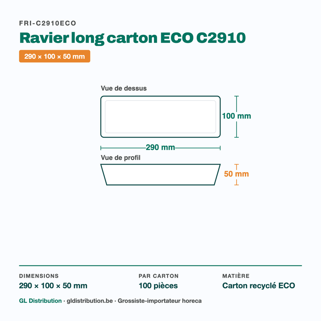 Dimensions du ravier long carton ECO C2910 : 290 × 100 × 50 mm — 100 pièces