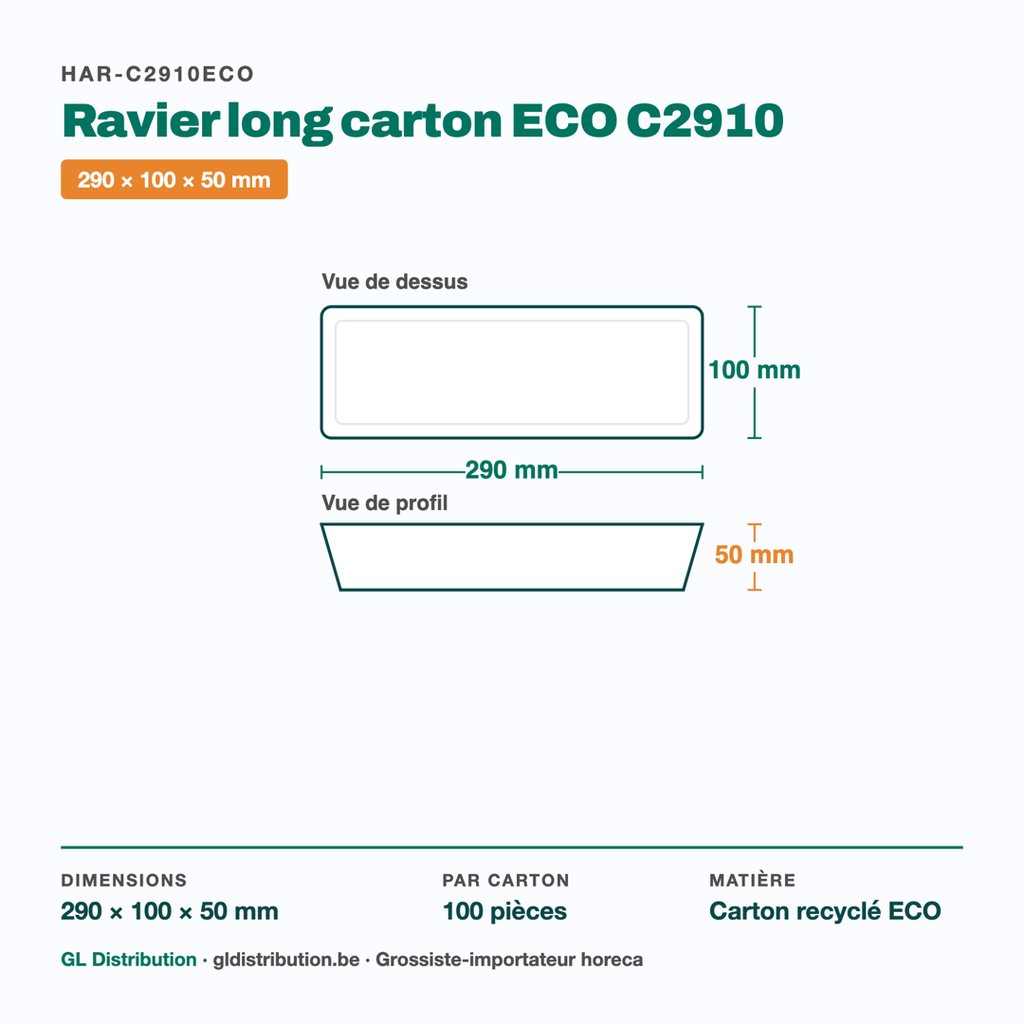 Dimensions du ravier long carton ECO C2910 : 290 × 100 × 50 mm — 100 pièces
