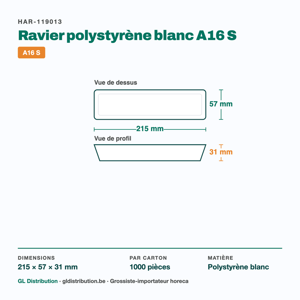 Dimensions du ravier polystyrène A16 S : 215 × 57 × 31 mm — 1000 pièces