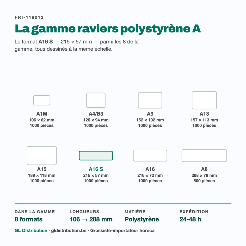 Ravier polystyrène A16 S parmi les 8 formats de la gamme série A, à l'échelle