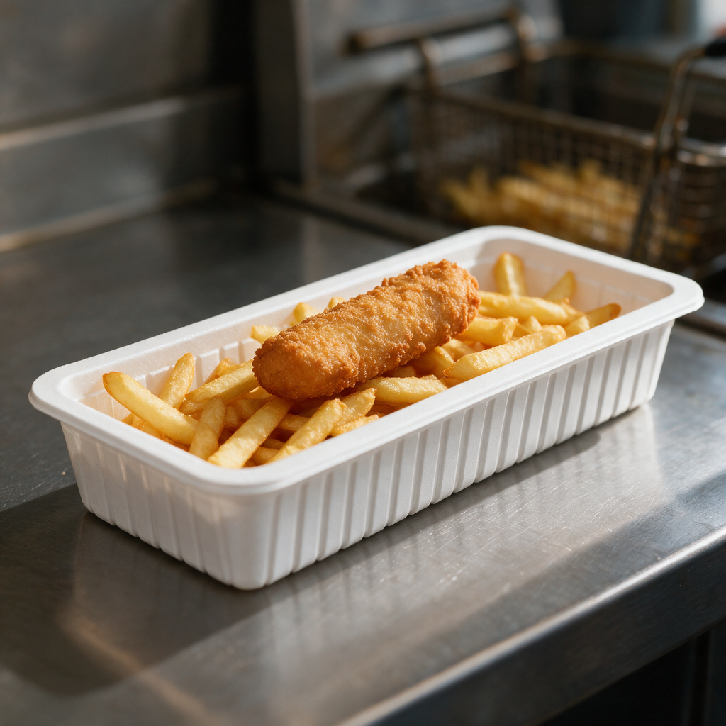 Ravier polystyrène blanc A8 garni de frites et d'un snack frit en friterie