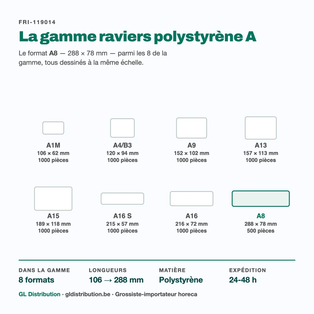 Ravier polystyrène A8, le plus long des 8 formats de la gamme série A