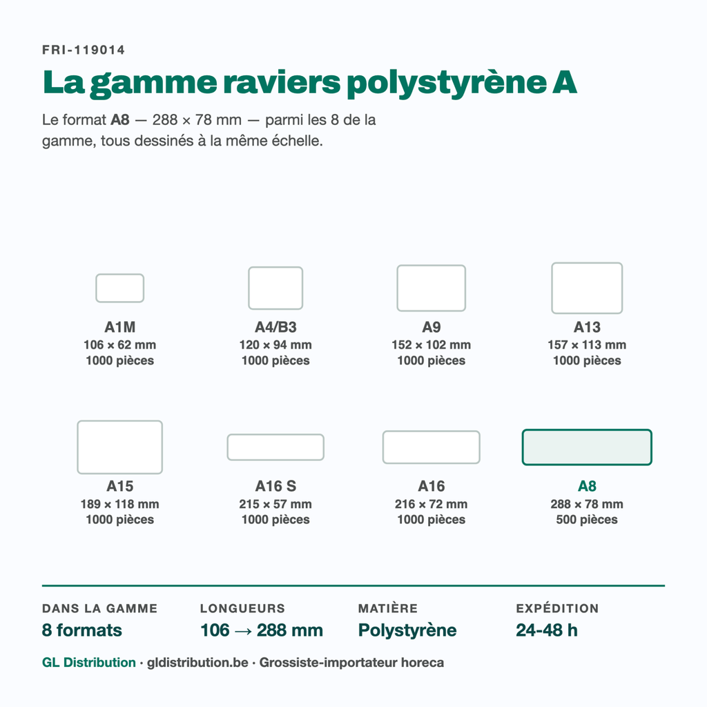 Ravier polystyrène A8, le plus long des 8 formats de la gamme série A