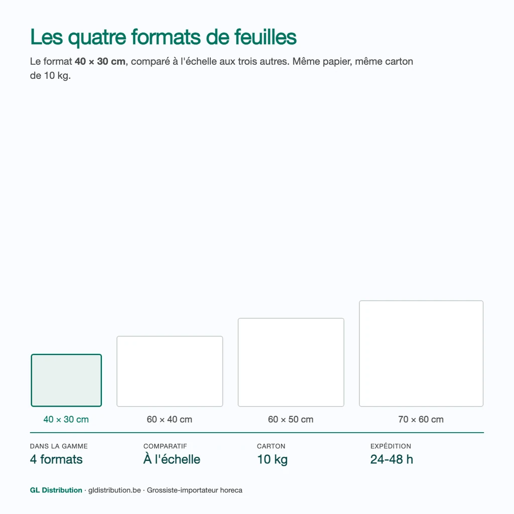 Feuille 40 × 30 cm comparée à l'échelle aux formats 60 × 40, 60 × 50 et 70 × 60 cm