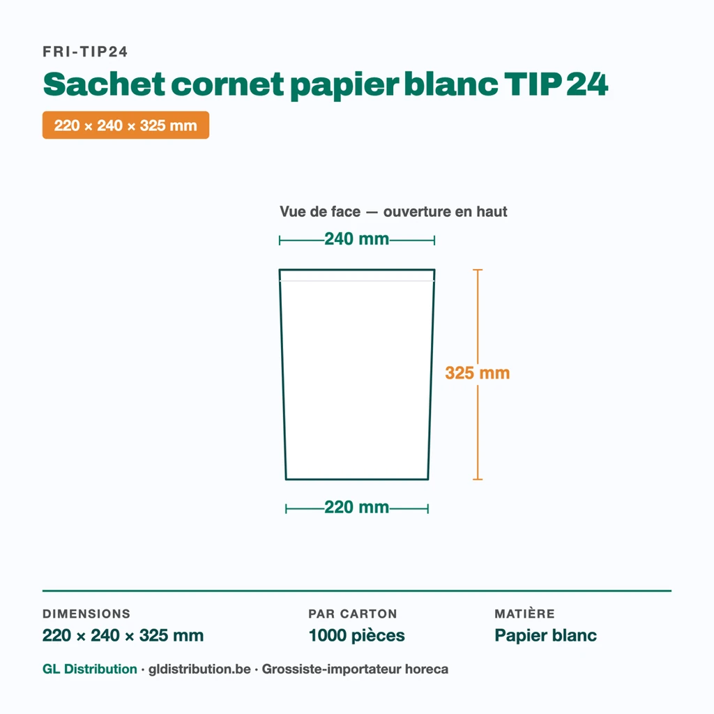 Dimensions du sachet cornet papier TIP 24 : 220 × 240 × 325 mm — 1000 pièces