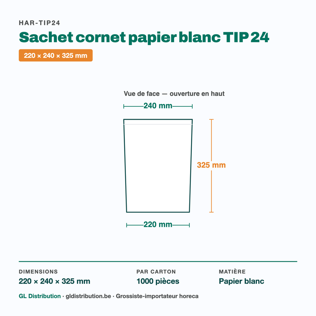Dimensions du sachet cornet papier TIP 24 : 220 × 240 × 325 mm — 1000 pièces