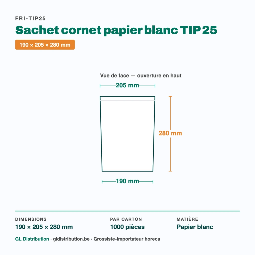 Dimensions du sachet cornet papier TIP 25 : 190 × 205 × 280 mm — 1000 pièces
