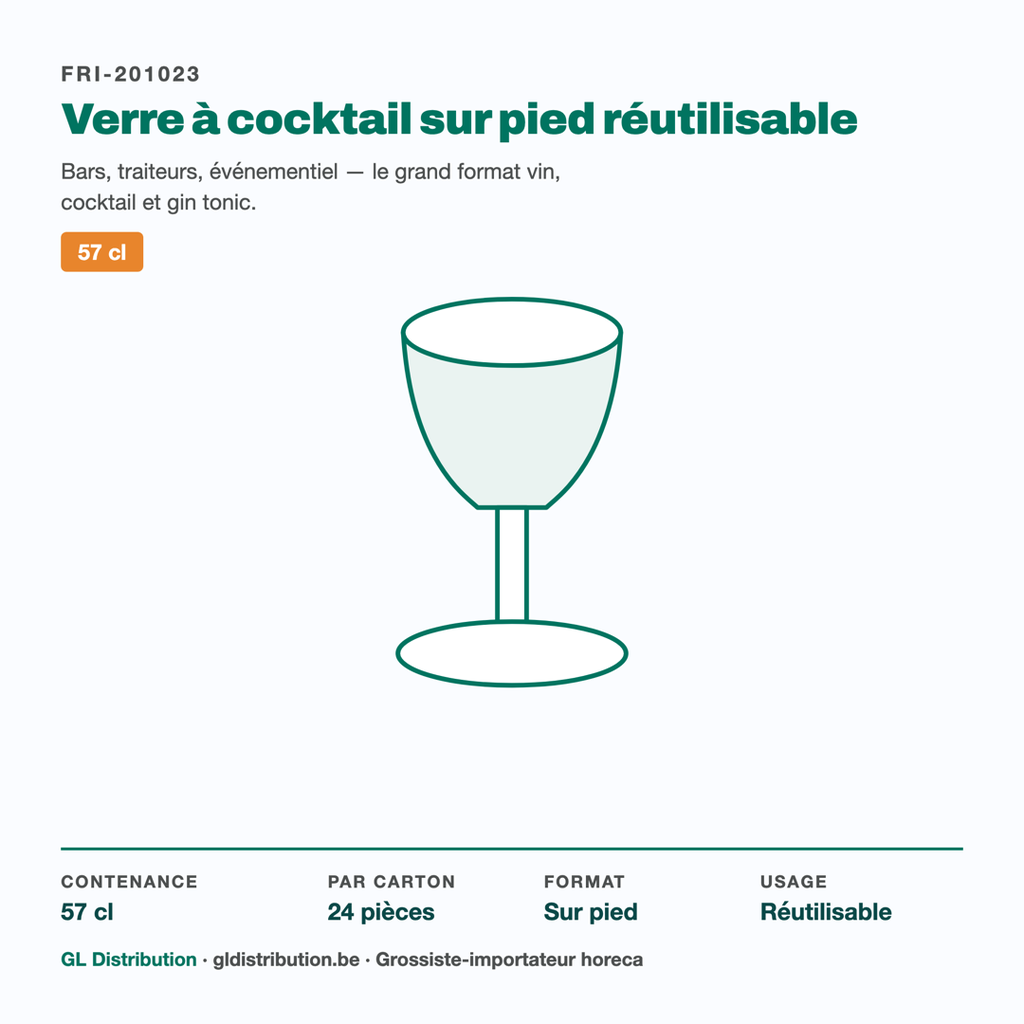 Verre à cocktail réutilisable 57 cl : contenance, colisage et usage bar