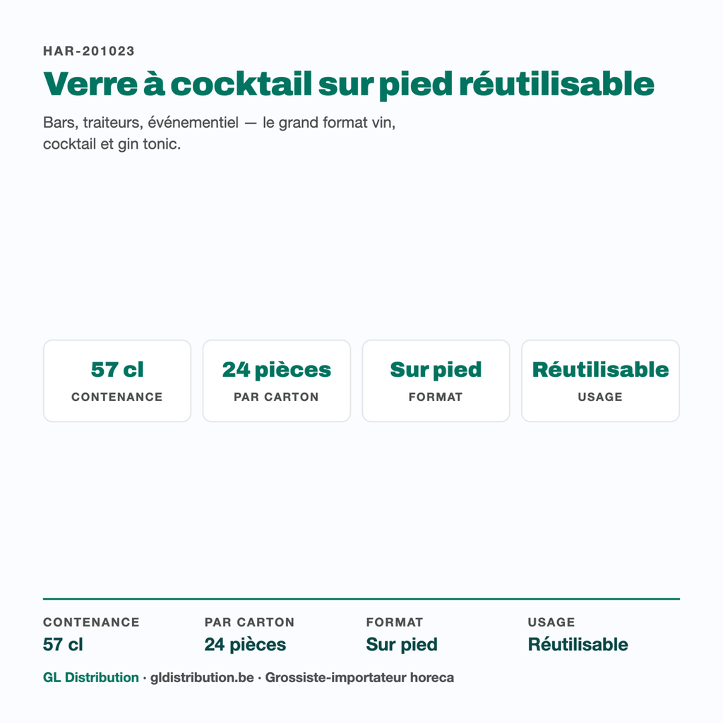 Verre à cocktail réutilisable 57 cl : contenance, colisage et usage bar