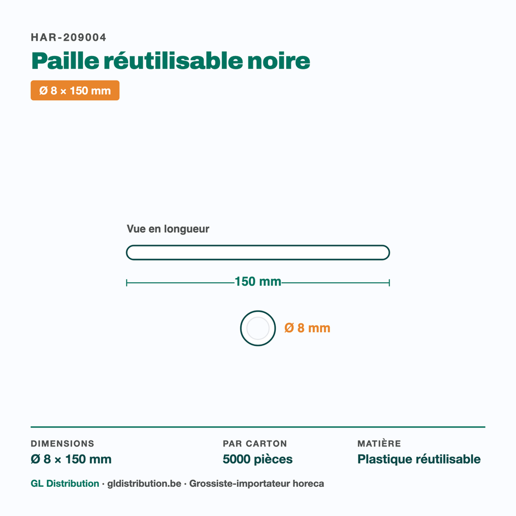 Dimensions de la paille réutilisable noire : Ø 8 × 150 mm — 5000 pièces