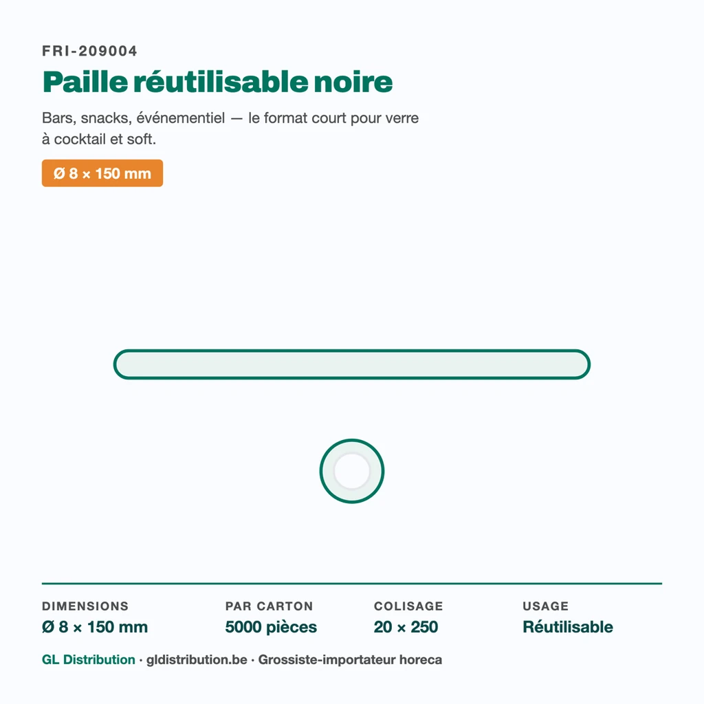 Paille réutilisable noire Ø 8 mm : format, colisage et usage bar