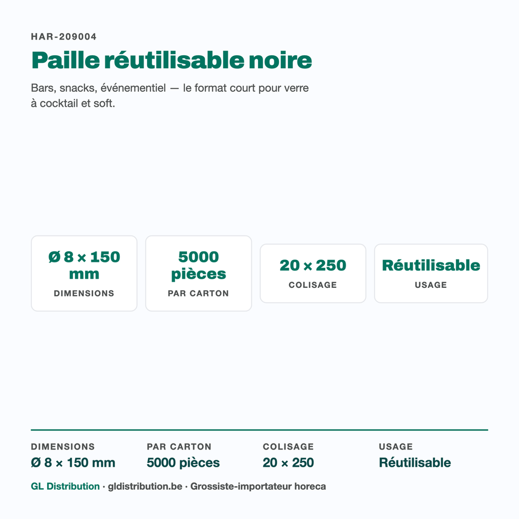 Paille réutilisable noire Ø 8 mm : format, colisage et usage bar