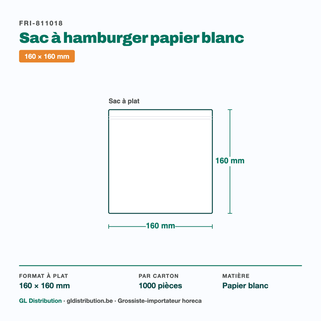 Dimensions du sac à hamburger papier : 160 × 160 mm — 1000 pièces par carton