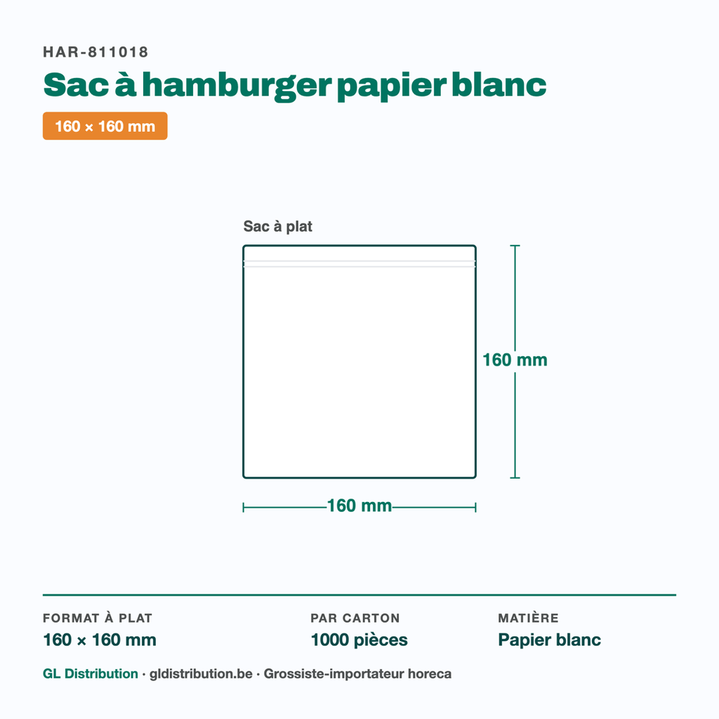 Dimensions du sac à hamburger papier : 160 × 160 mm — 1000 pièces par carton