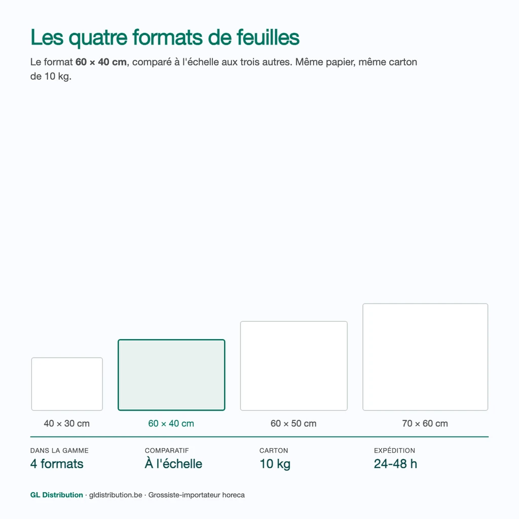 Feuille 60 × 40 cm comparée à l'échelle aux formats 40 × 30, 60 × 50 et 70 × 60 cm