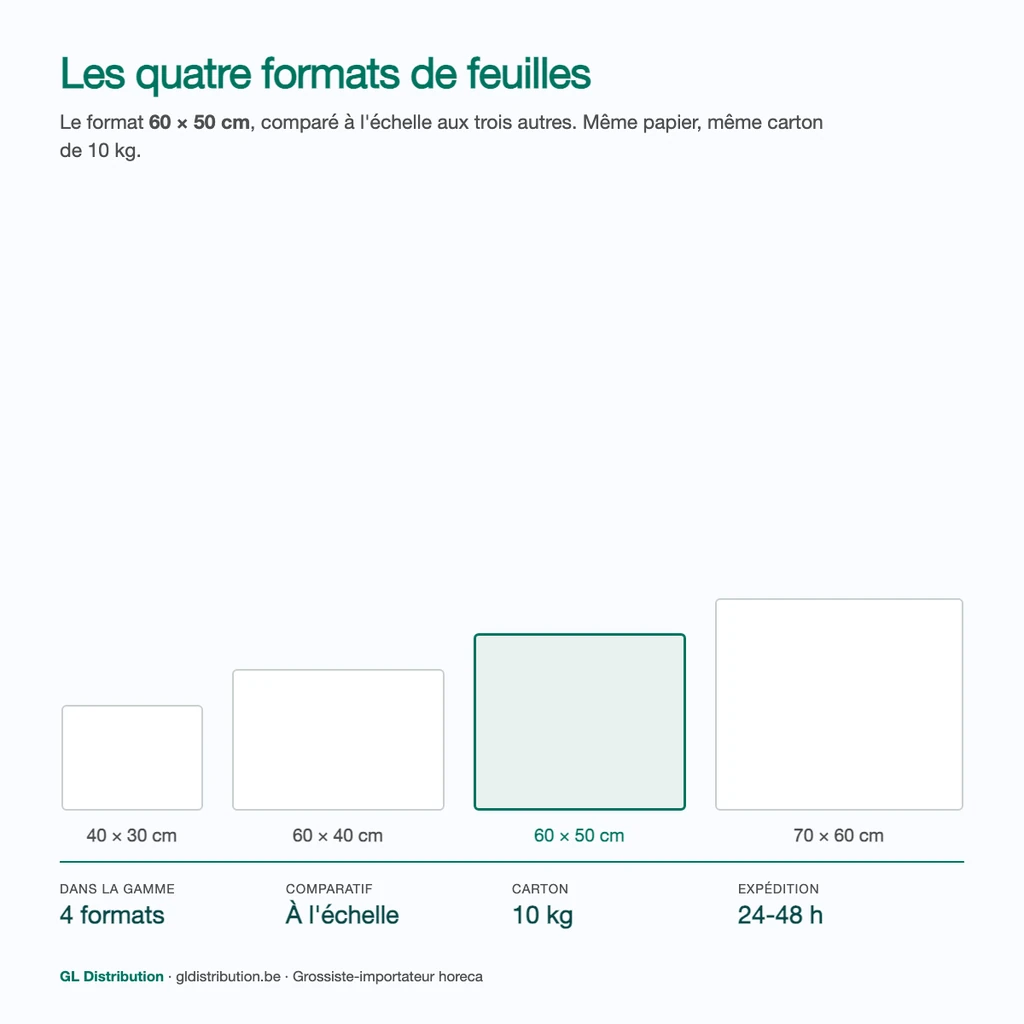 Feuille 60 × 50 cm comparée à l'échelle aux formats 40 × 30, 60 × 40 et 70 × 60 cm