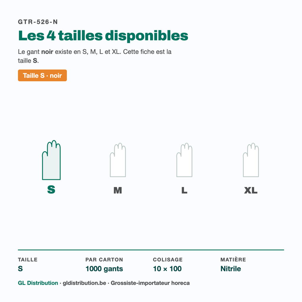 Tailles disponibles du gant nitrile noir F&G : S, M, L, XL — cette fiche est la taille S