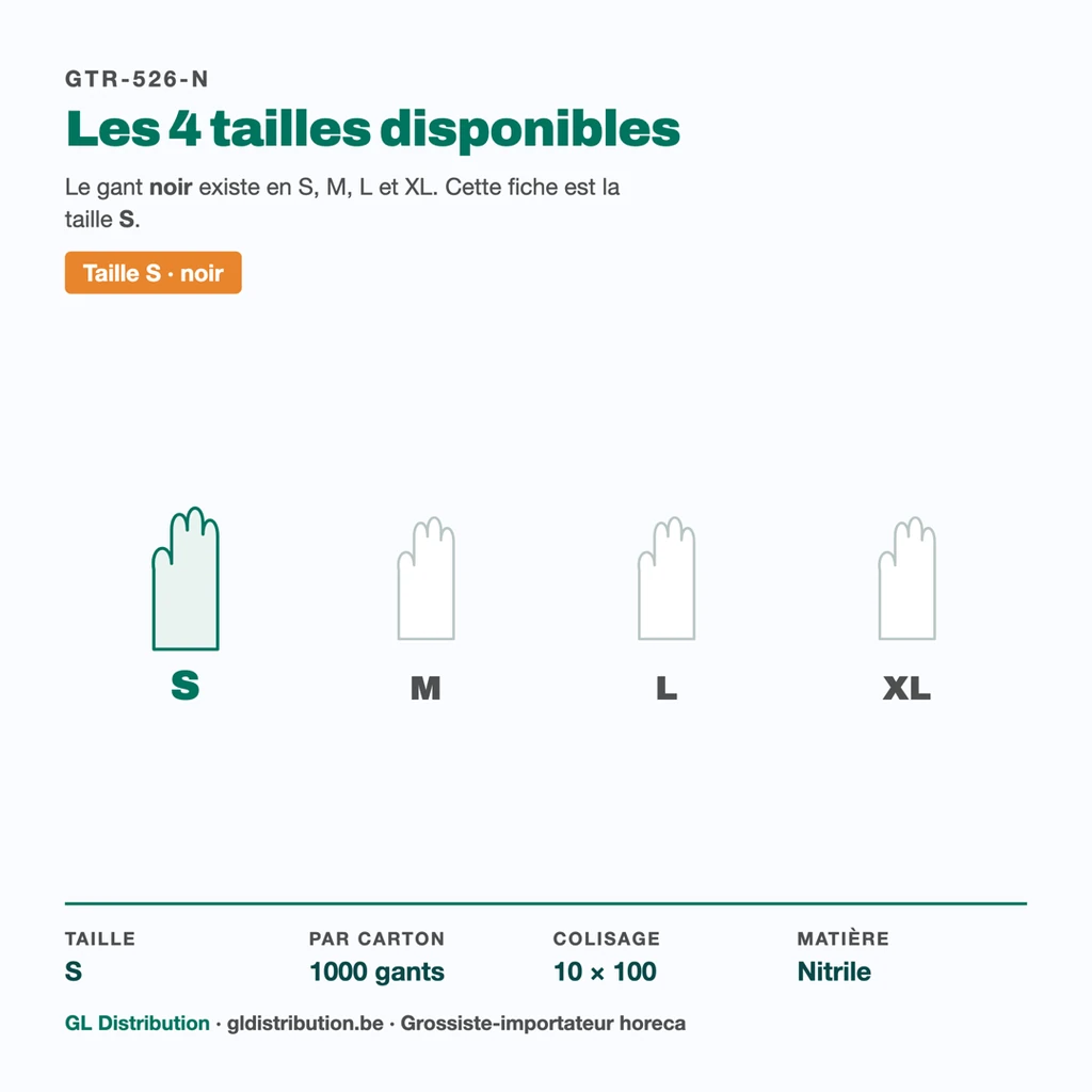 Tailles disponibles du gant nitrile noir F&G : S, M, L, XL — cette fiche est la taille S