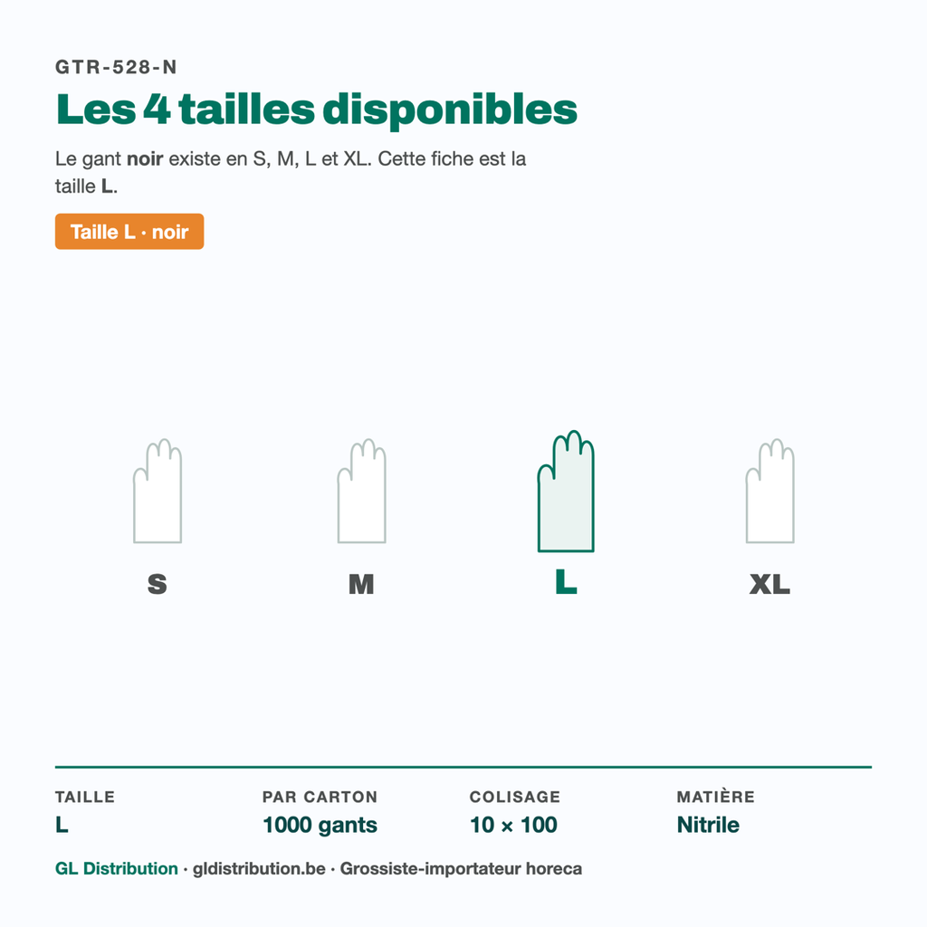 Tailles disponibles du gant nitrile noir F&G : S, M, L, XL — cette fiche est la taille L