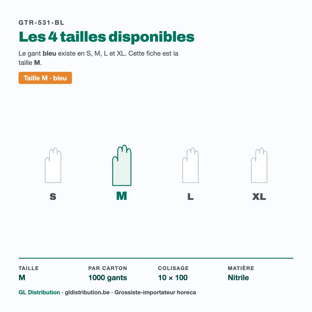 Tailles disponibles du gant nitrile bleu F&G : S, M, L, XL — cette fiche est la taille M
