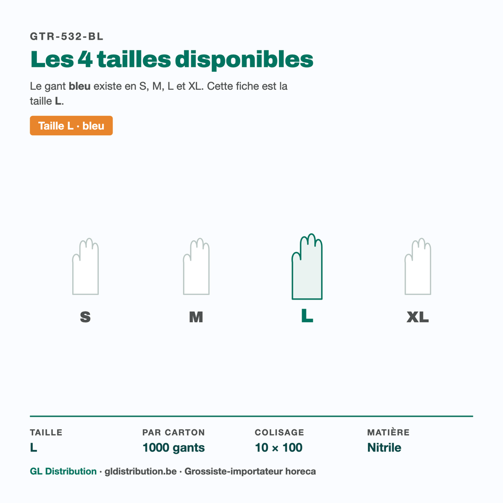Tailles disponibles du gant nitrile bleu F&G : S, M, L, XL — cette fiche est la taille L