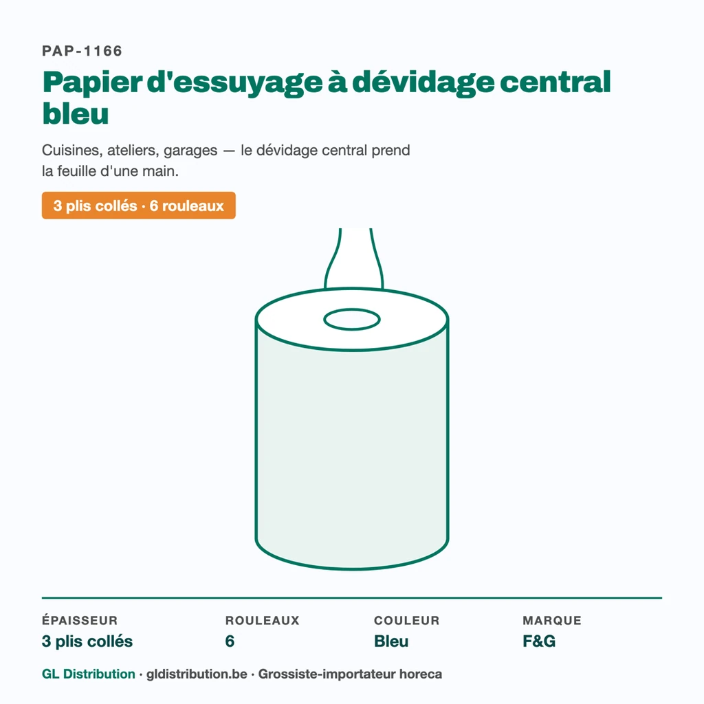 Papier d'essuyage dévidage central bleu 3 plis collés — 6 rouleaux, spécifications