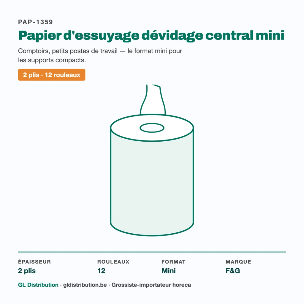 Papier d'essuyage dévidage central mini 2 plis — 12 rouleaux, spécifications