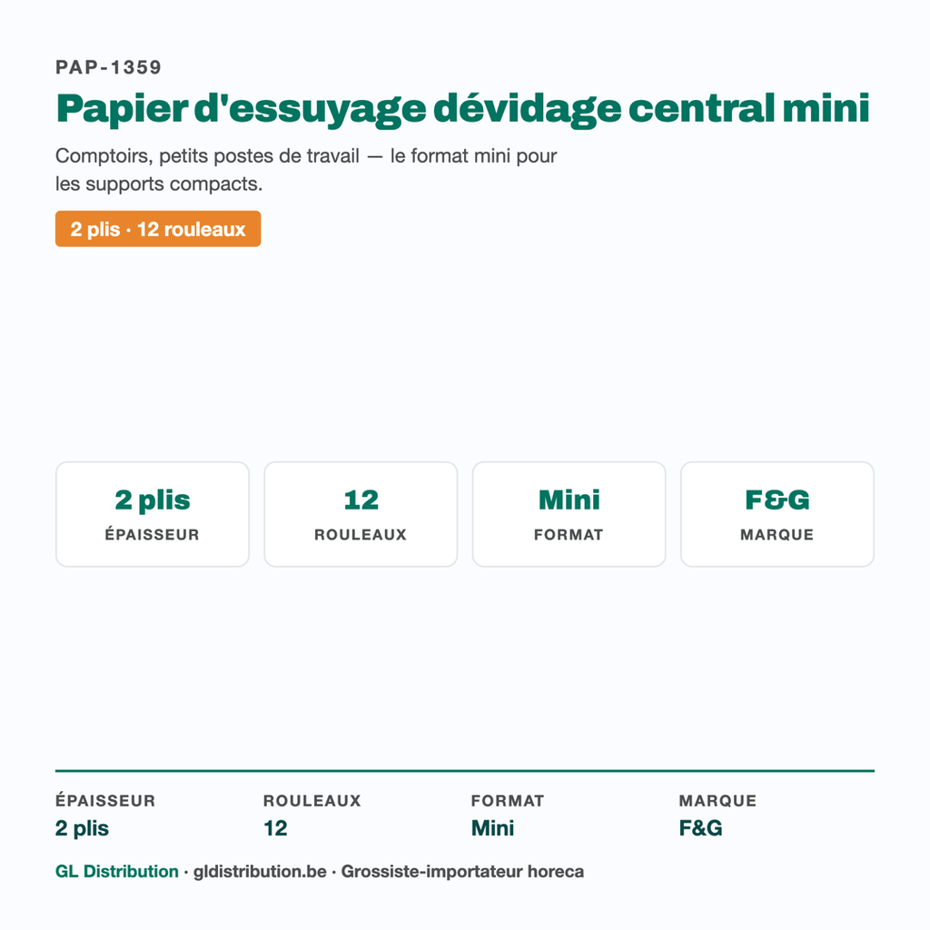 Papier d'essuyage dévidage central mini 2 plis — 12 rouleaux, spécifications