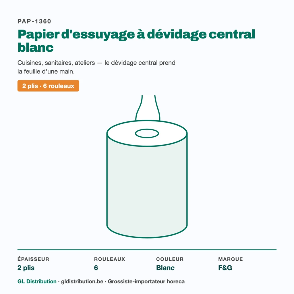 Papier d'essuyage dévidage central blanc 2 plis — 6 rouleaux, spécifications