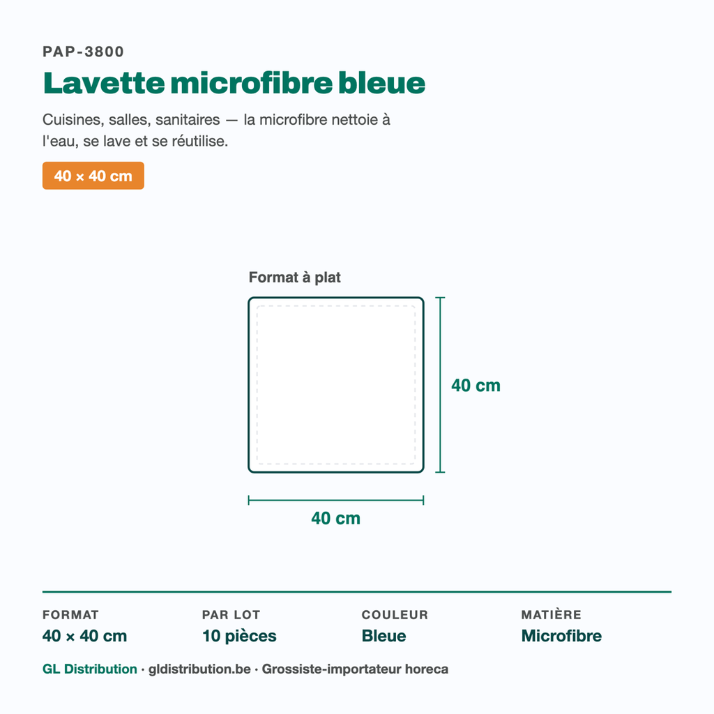 Dimensions de la lavette microfibre bleue : 40 × 40 cm — lot de 10 pièces