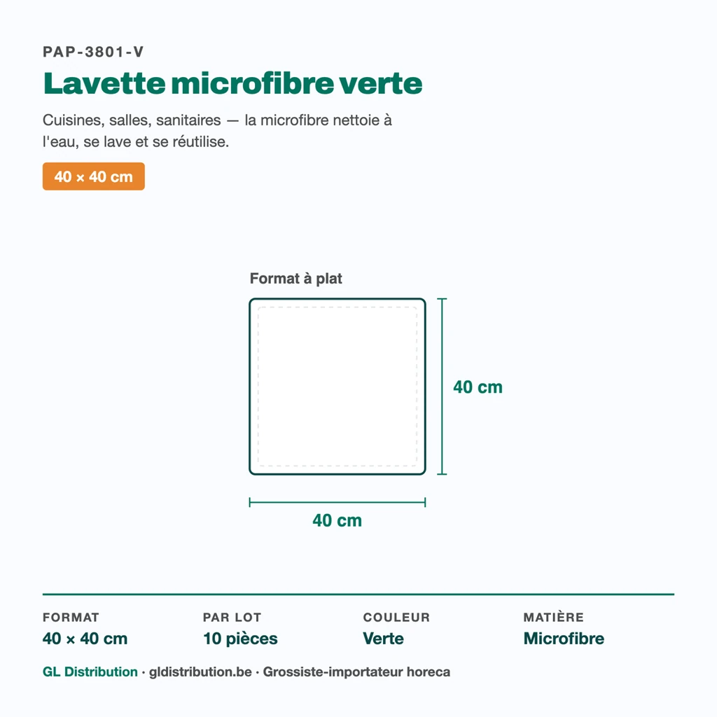 Dimensions de la lavette microfibre verte : 40 × 40 cm — lot de 10 pièces