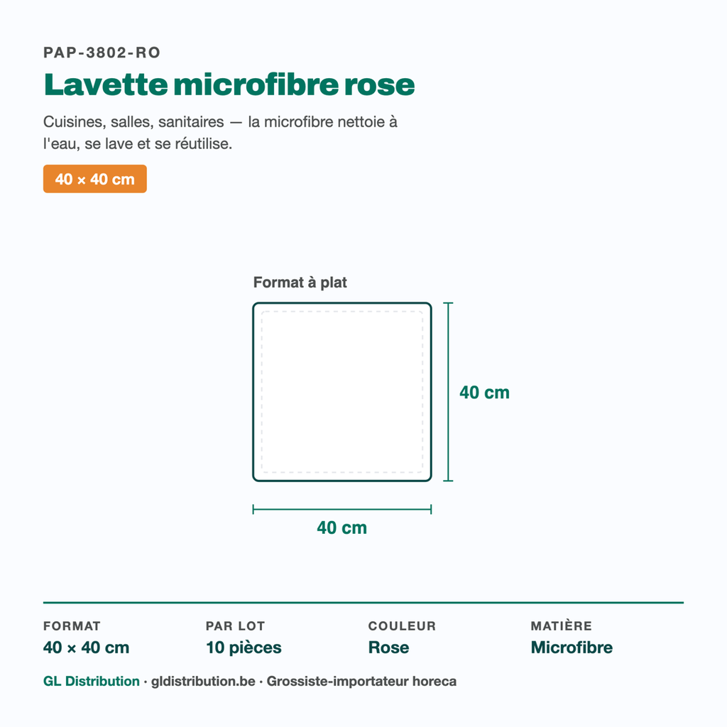 Dimensions de la lavette microfibre rose : 40 × 40 cm — lot de 10 pièces