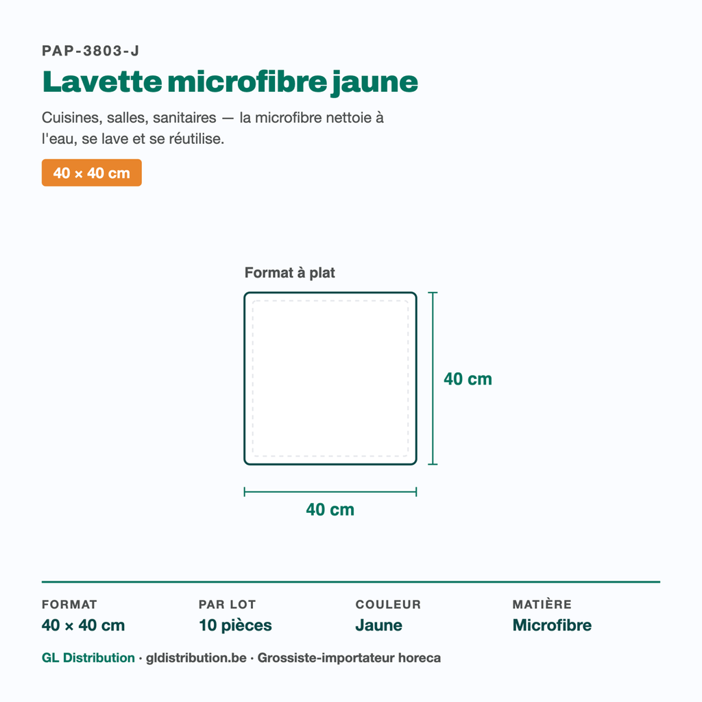 Dimensions de la lavette microfibre jaune : 40 × 40 cm — lot de 10 pièces