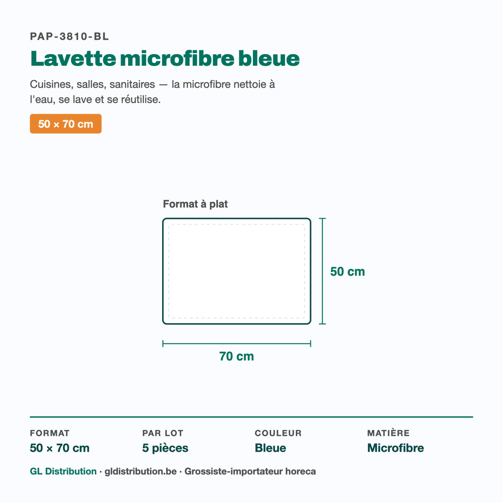 Dimensions de la lavette microfibre bleue : 50 × 70 cm — lot de 5 pièces