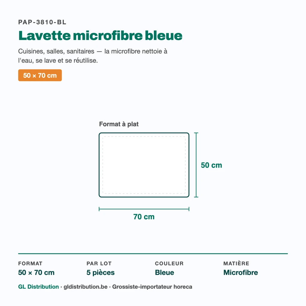 Dimensions de la lavette microfibre bleue : 50 × 70 cm — lot de 5 pièces