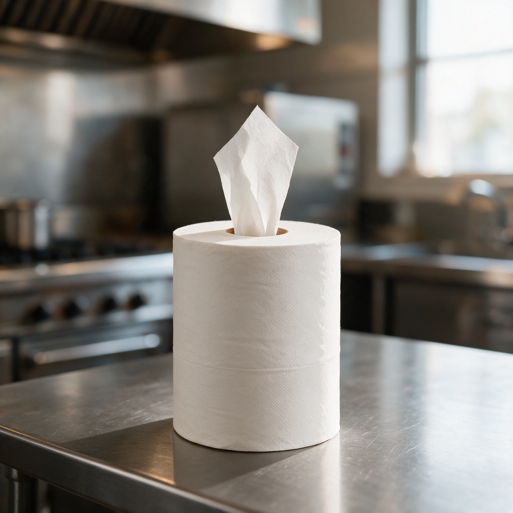 Rouleau de papier d'essuyage blanc 2 plis en dévidage central sur plan de travail inox
