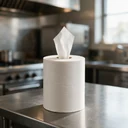 Rouleau de papier d'essuyage blanc 2 plis en dévidage central sur plan de travail inox