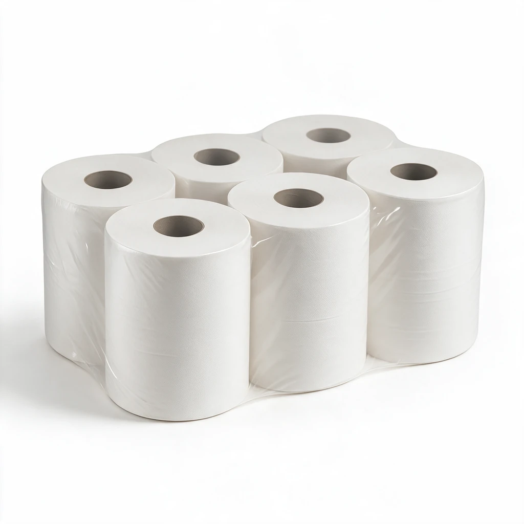 Paquet de 6 rouleaux de papier d'essuyage blanc 2 plis à dévidage central sous film