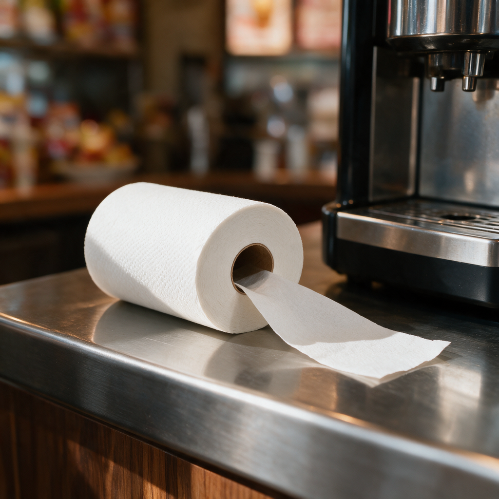 Rouleau mini de papier d'essuyage blanc 2 plis à dévidage central sur comptoir