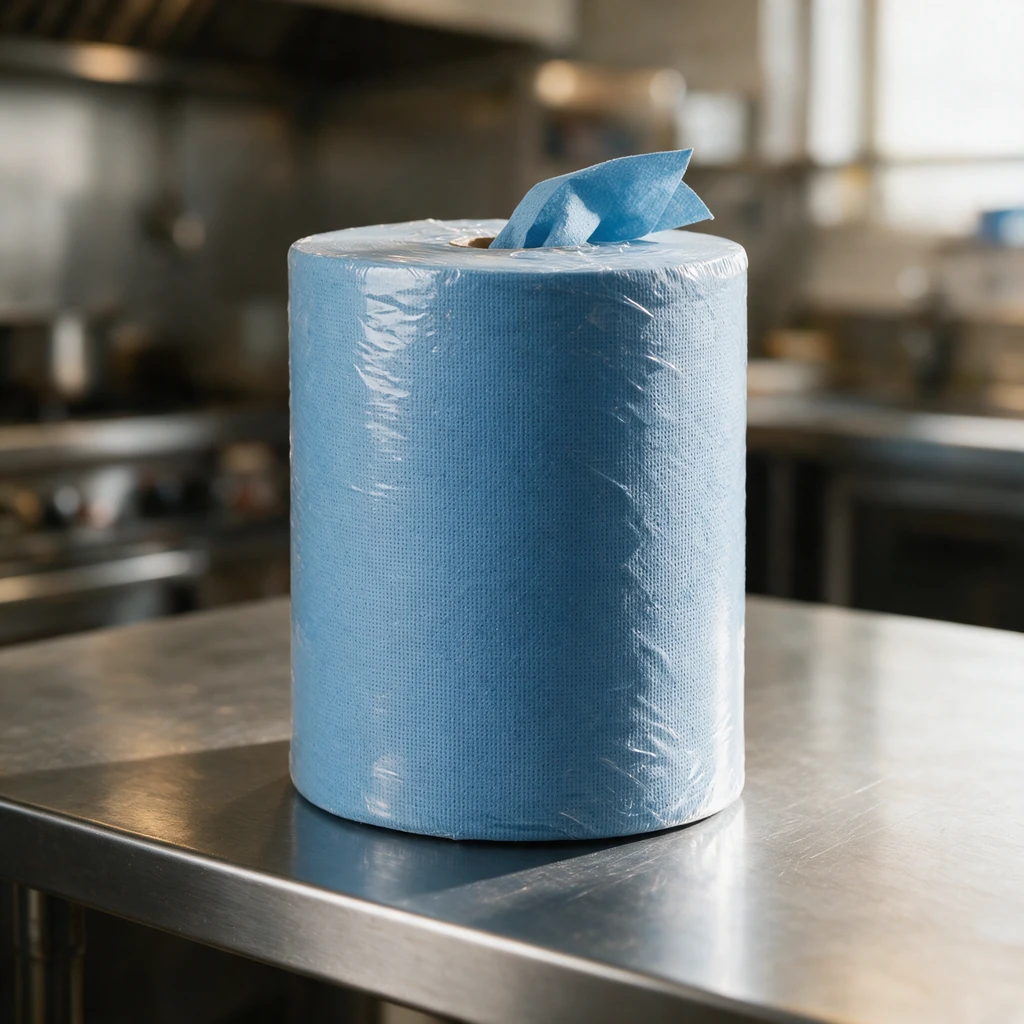 Bobine d'essuyage Bewifood bleue en poste de travail dans une cuisine professionnelle
