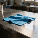 Lavette microfibre bleue 40 × 40 cm en cours d'essuyage sur un plan de travail inox