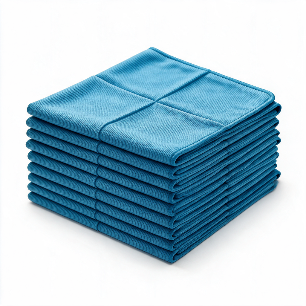 Lot de 10 lavettes microfibre bleue 40 × 40 cm empilées — conditionnement