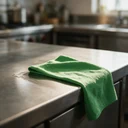 Lavette microfibre verte 40 × 40 cm en cours d'essuyage sur un plan de travail inox