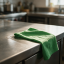 Lavette microfibre verte 40 × 40 cm en cours d'essuyage sur un plan de travail inox
