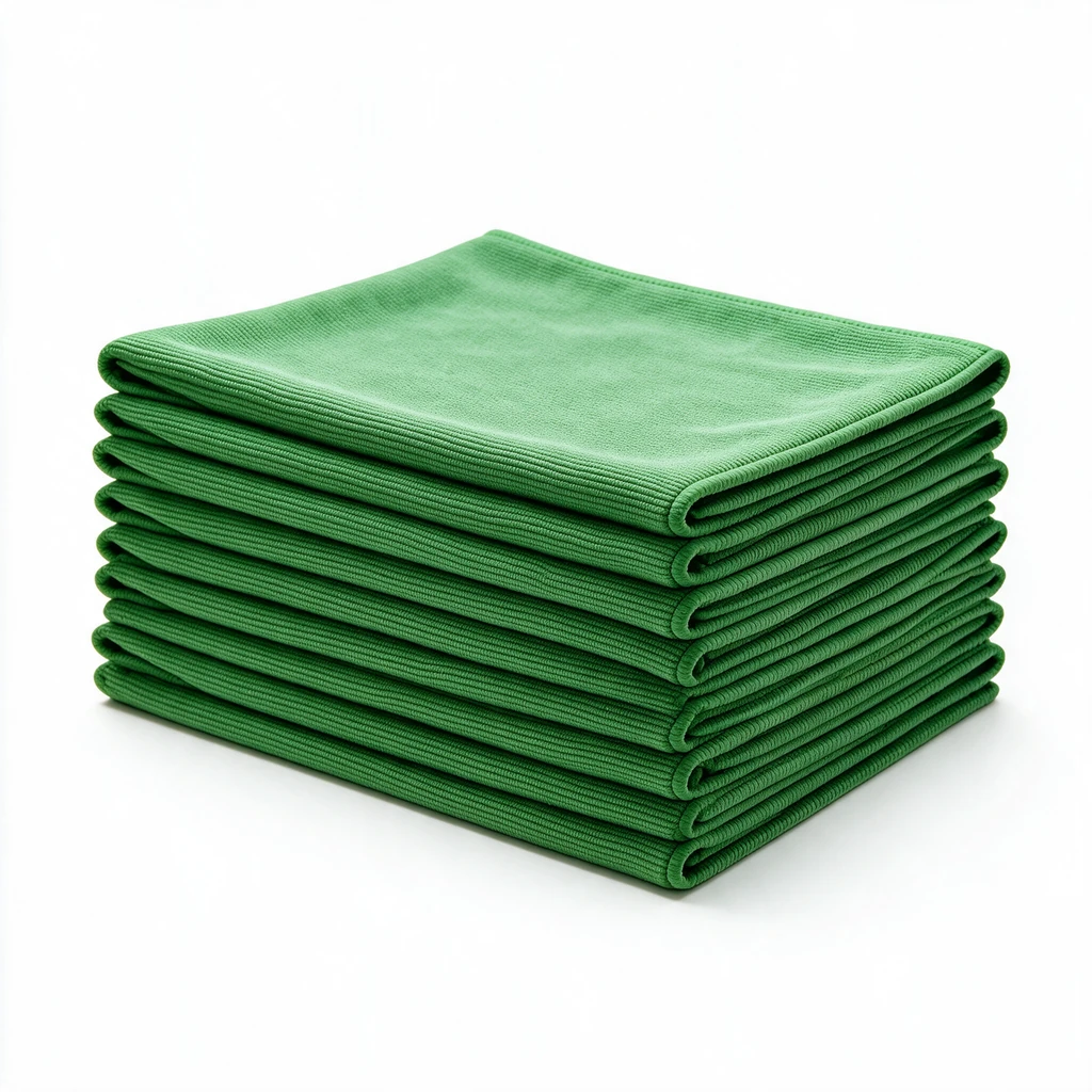 Lot de 10 lavettes microfibre verte 40 × 40 cm empilées — conditionnement