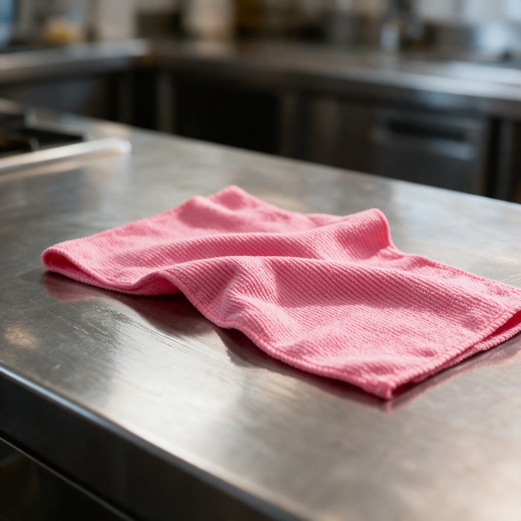 Lavette microfibre rose 40 × 40 cm en cours d'essuyage sur un plan de travail inox